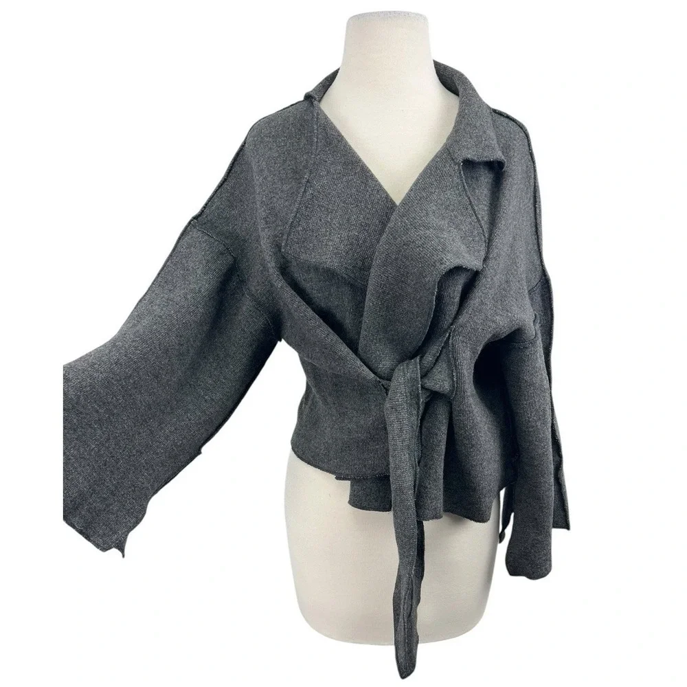 Ivan Grundahl Linea S Sweater Cardigan Medium Wool Tie Front Kimono Sleeve Boxy
